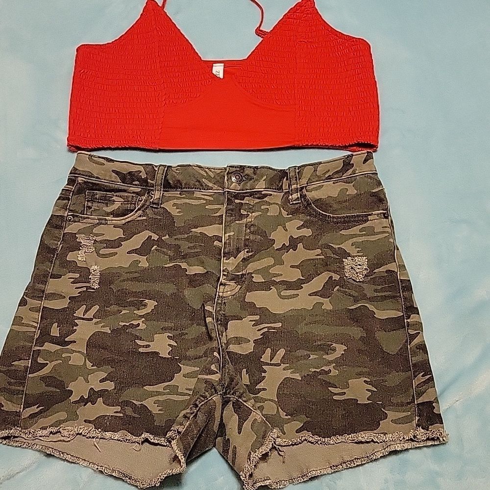 Vanilla Star camo shorts size 13 &  Zenana red halter top CLEARANCE